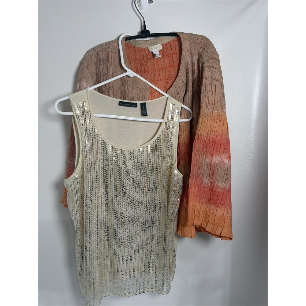 2 Chico's Black Label Tunic Sequin Gold Top And An Ombré LS Over Jacket Top Sz 2